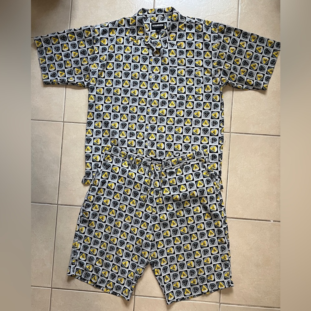 Vtg Stardom Highflyer Short Sleeve Button Down Yellow/Black 2XL Shirt/Short Set
